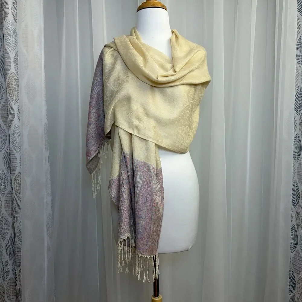 Pashmina 100% Cashmere Scarf Stole Wrap Shawl Paisley Beige Purple 72x28